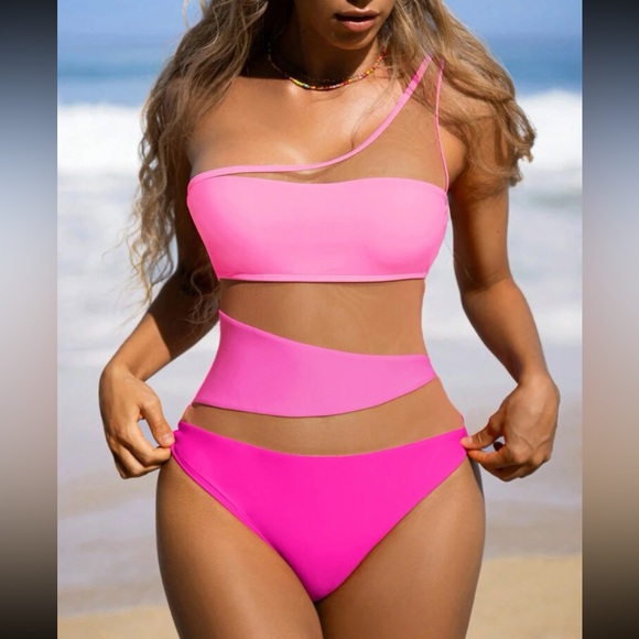 Luxe mesh insert color block one shoulder swimsuit - Picture 1 of 15